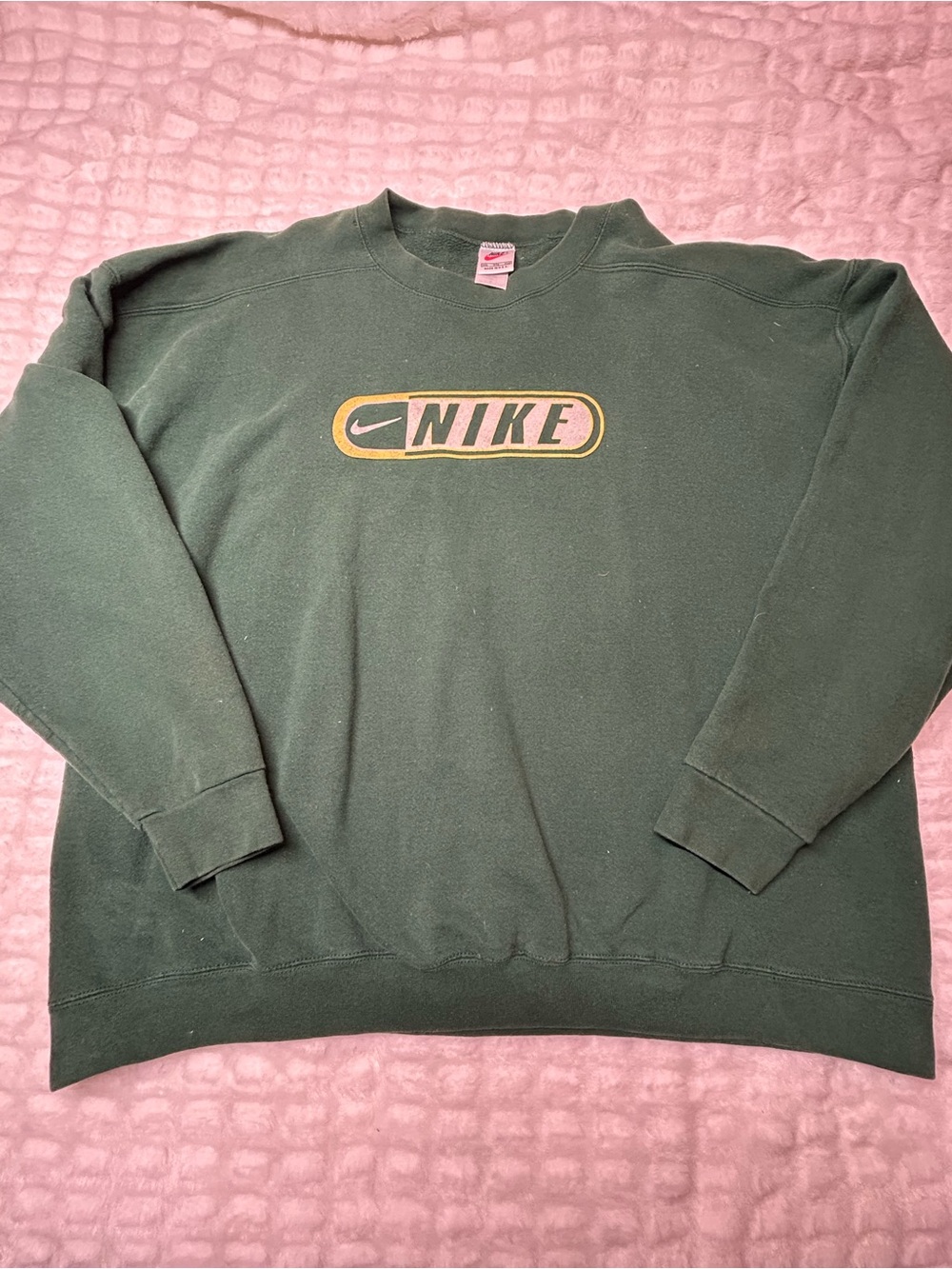 Vintage Nike Men's Dark Green Crewneck Sweatshirt with Yellow Logo